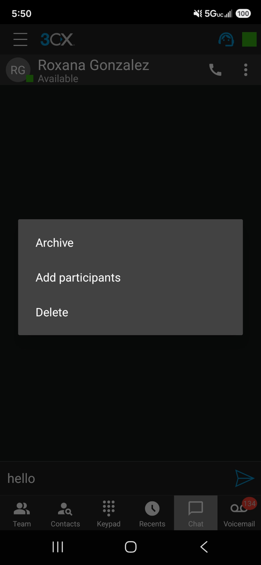 3CX chat actions menu listing Archive, Add participants and Delete options.