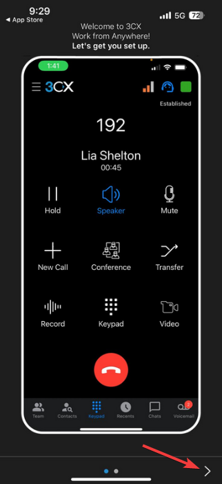 3CX iPhone app during a call, showing the active call screen with Hold, Speaker, Mute, New Call, Conference, Transfer, Record, Keypad and Video buttons.