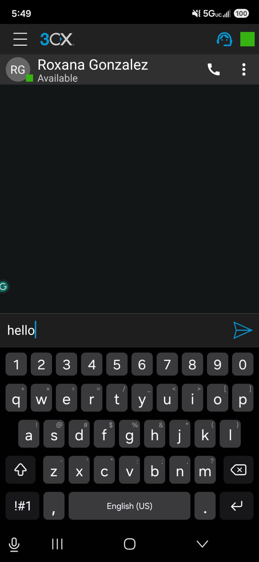 3CX chat conversation screen with the message compose box and send button at the bottom.