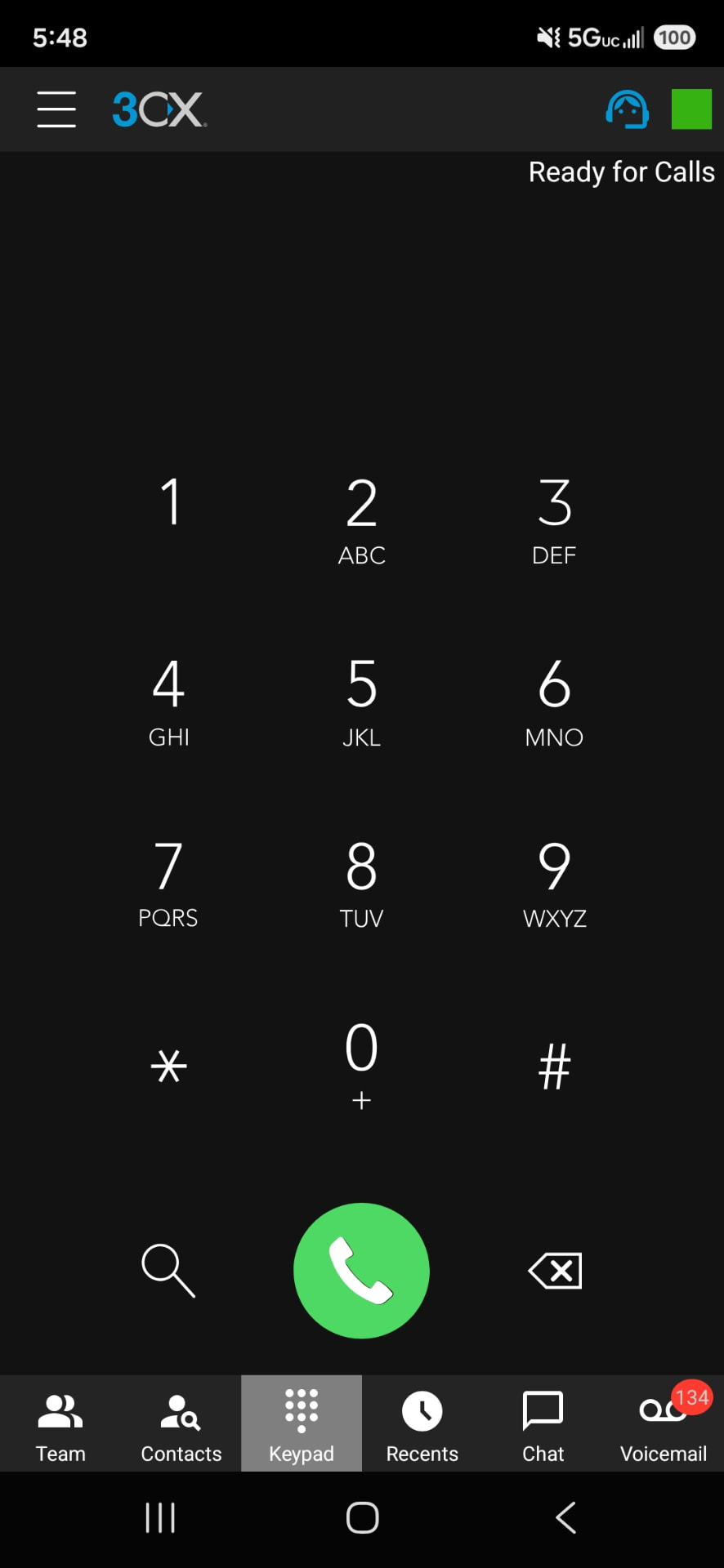 3CX Android app home screen with the dial keypad and a status line reading Ready for Calls above the extension name.